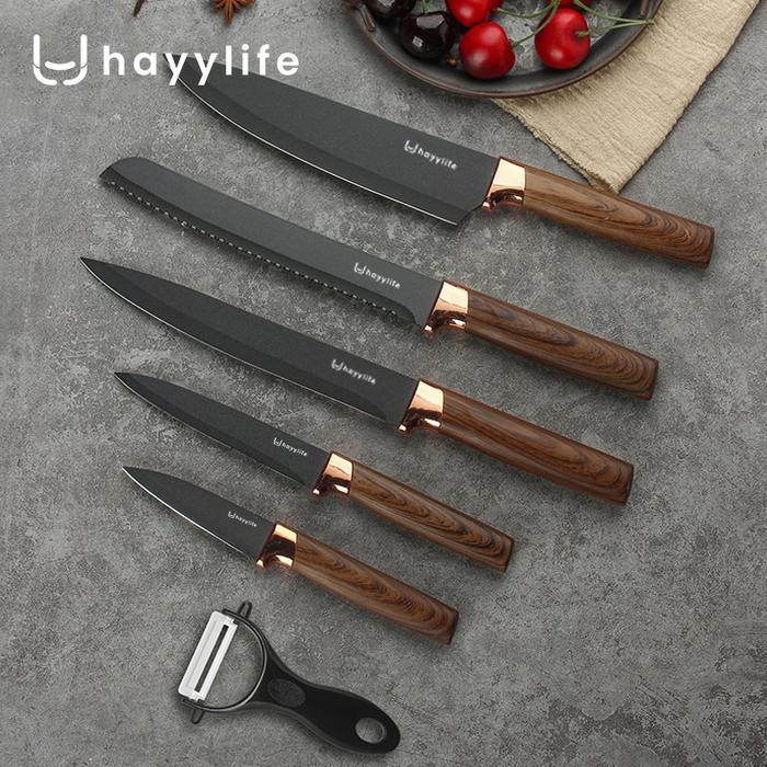 Axelons- Hayylife Knife Set Dapur Stainless Steel 6 In 1 Gagang Kayu / Set Pisau Dapur Baja Hitam