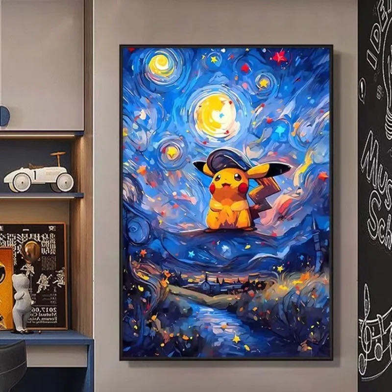 Pokemon Van Gogh Starry Sky Anime Figures Pikachu Watercolor Painting Canvas Posters And Prints Wall