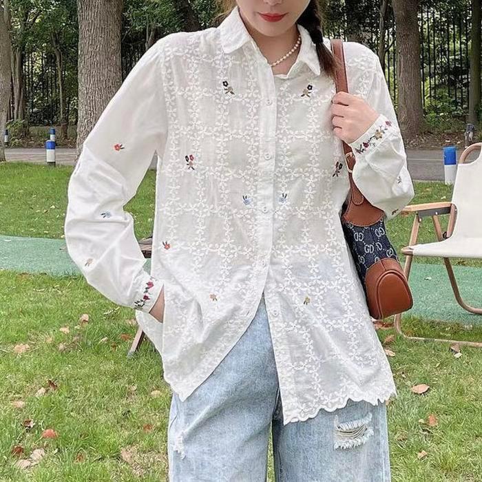 Blus Kemeja Katun Putih Brukat Putih Bordir Bunga Warna Warni Lengan Panjang Korea Import
