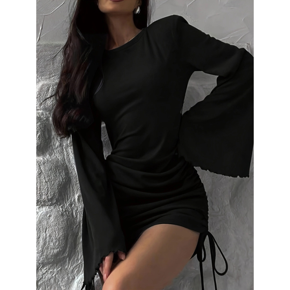 Sexy Mini Black Dress Flare Long Sleeve Design Chic Drawstring Pleated Mini Dress Female Elegant