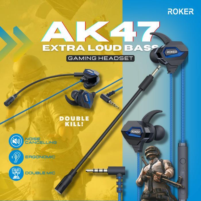 Earphone / Headset Gaming Roker Ak47 Extra Loud Bass Laptop Microphone Earphones Headphones