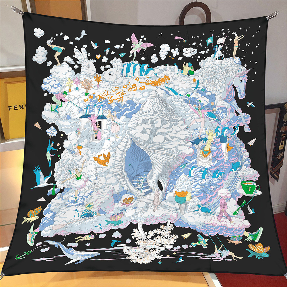 2024 New Design 90CM Shawl Cloudy Universe Printed Silk Scarf Square Scarves Lady Wraps Kerchief