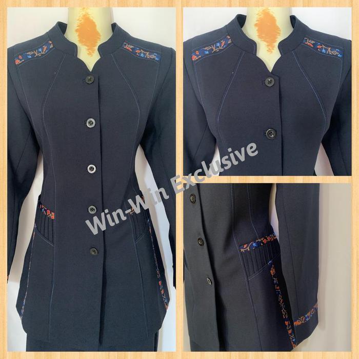 Setelan Blazer Baju Kerja Kantor Wanita Batik Biru Dongker