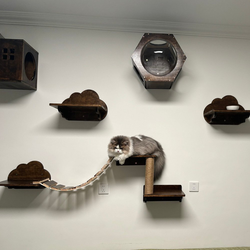 Cat Climbing Shelves Wall Cat Tree Solid Wood Pet Furniture Scratcher Perches Sisal Rope Ladder