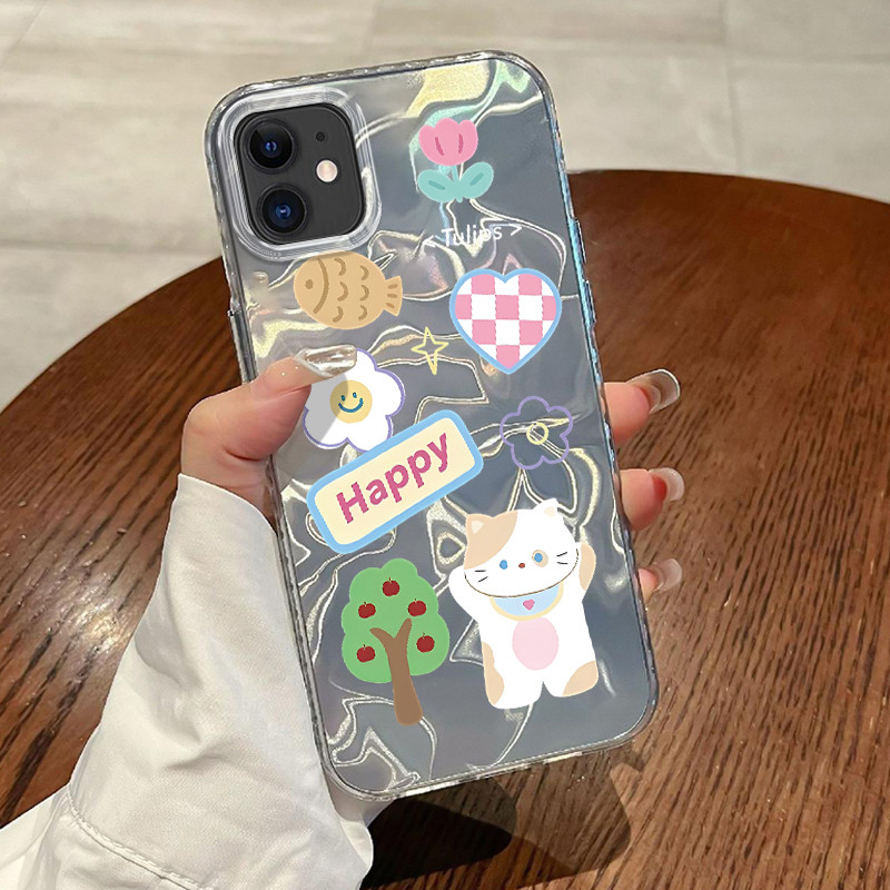 Casing Hp Untuk iPhone 11 Pro Max 12 Pro Max 13 14 15 Case Stiker Kucing Lucu Laser Kesing Busa Temb