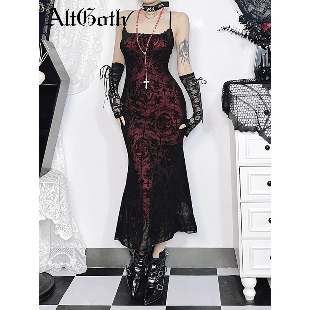 AltGoth Vintage Elegant Goth Dress Women Sexy Streetwear Fairy Grunge Aesthetic Cross Pattern