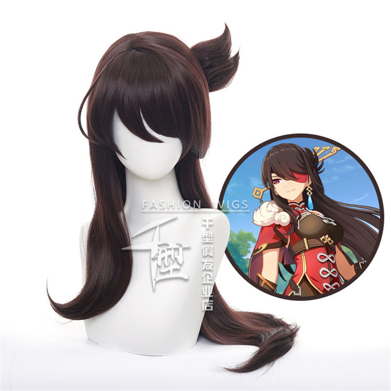 80cm Game Genshin Impact Cosplay Beidou Wig Role Playing Wigs Halloween Cosplay Dark Brown Hair Wig