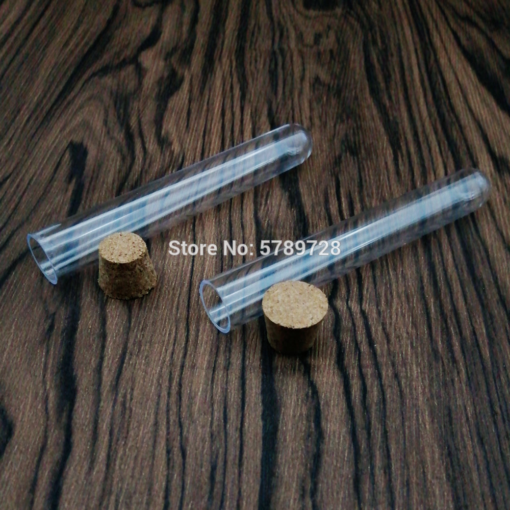 100pcs/pack 15*100mm Office Lab Supplies, Transparent Plastic test tube with Cork Stopper U-shape bo