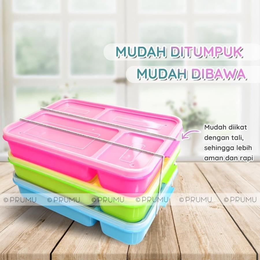 Lunch Box Segi Kotak Sekat 4 Plastik Warna Muda Pink Ungu Kuning Hijau Soft Pastel Awet Kuat Murah T
