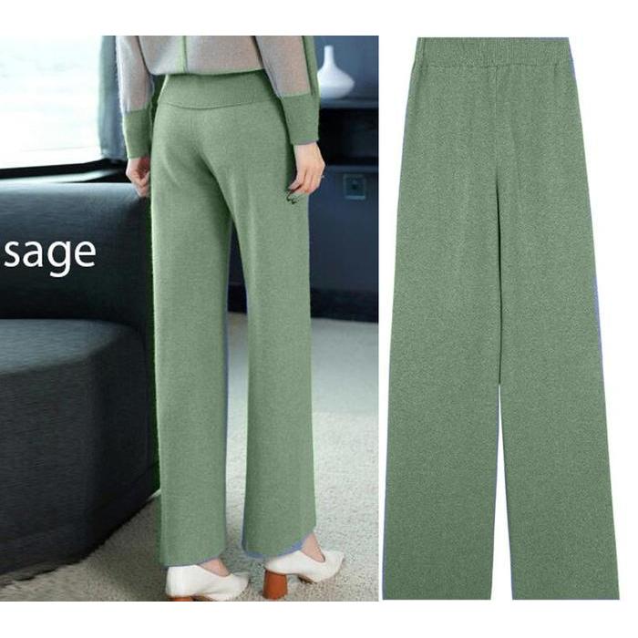 Celana Kulot Knit Panjang Wanita Warna Sage / Kulot Rajut
