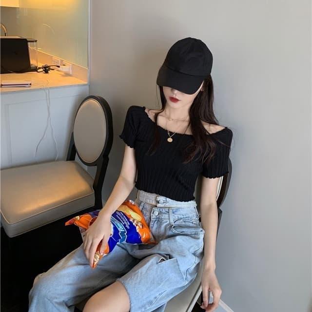 Knit Sabrina Crop Top Baju Atasan Wanita Import Rajut Off Shoulder Top
