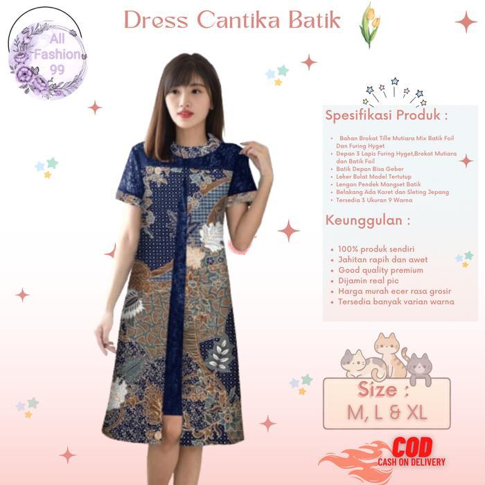 Alf-Dress Cantika Girl Midi Model Terbaru Matt Batik Kombinasi Brokat Mutiara Modern Elegant Cocok