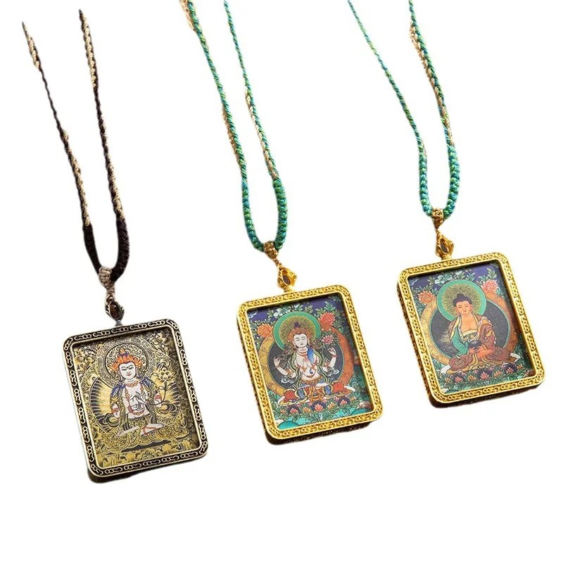 Tibetan Alloy Gawu Pendant Necklace, Hand-Painted Zodiac Guardian Buddha Thangka Amulet, Vintage