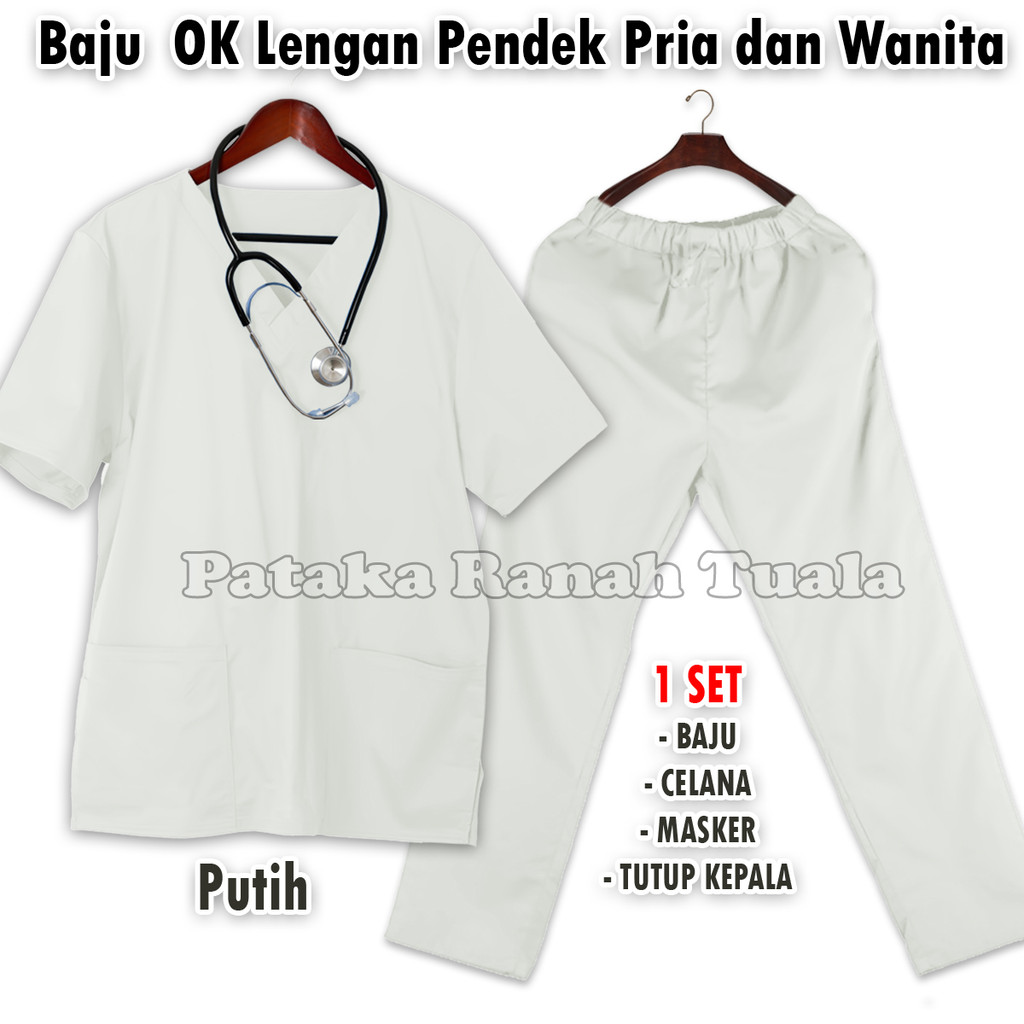 Baju Ok Perawat - Baju Oka Medis - Seragam Perawat warna Putih 1 Set - Baju Oka Lengan Pendek - Baha