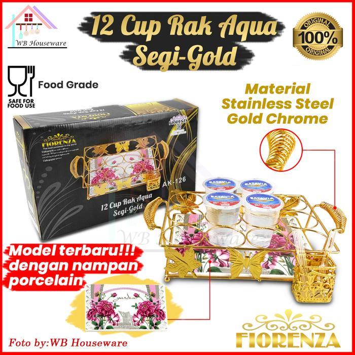 FIORENZA Rak aqua 12lubang stainless gold segi AK-126 / tempat minum cup aqua gelas bulat