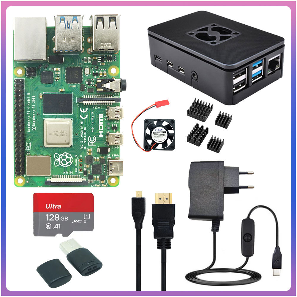 Raspberry Pi 4 8Gb 4Gb 2Gb 1Gb Kit + Power Adapter + Abs Case + 32G 64G 128G Card + Heat Sink For