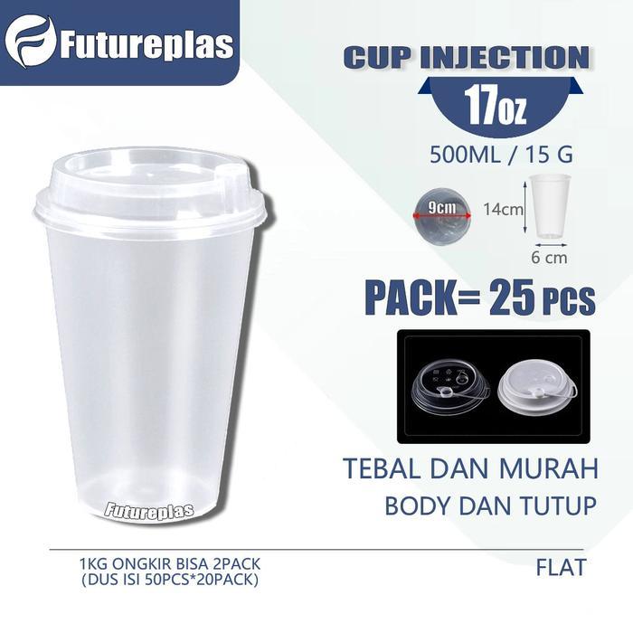 mhej- Cup & Tutup 25 PcsCup Injection 17Oz 500Ml / Gelas Plastik Tebal Datar Bening + Tutup