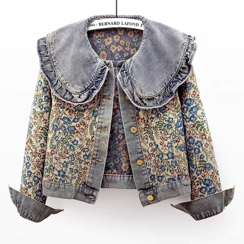 #0109 Vintage Denim Jacket Women Slim Single Breasted Short Jeans Jacket Ladies Peter Pan Collar
