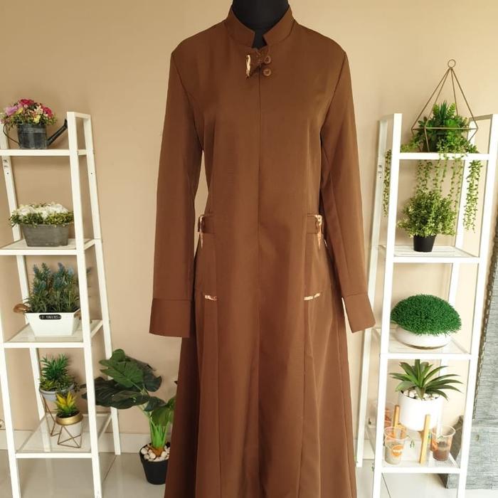 Baju Gamis Pemda Aceh Khaki Tua Gelap Kerah Shanghai Bahan Lokal Azkia