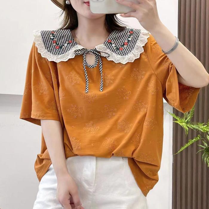 Kaos Orange Krem Bordir Oversize Kerah Collar Lebar Kotak Hitam Renda Korea Import