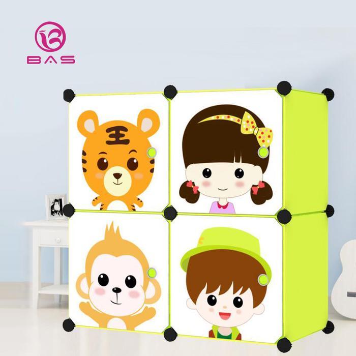 BAS Lemari pakaian plastik lemari susun portable lemari baju anak rak buku karakter 4 kotak