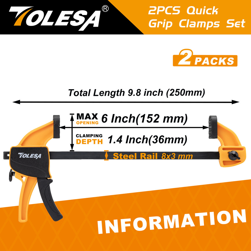 TOLESA 6" Bar Clamps for Woodworking, 2PCS One-Handed Clamp / Spreader, Wood Clamp Set, Light-Duty Q