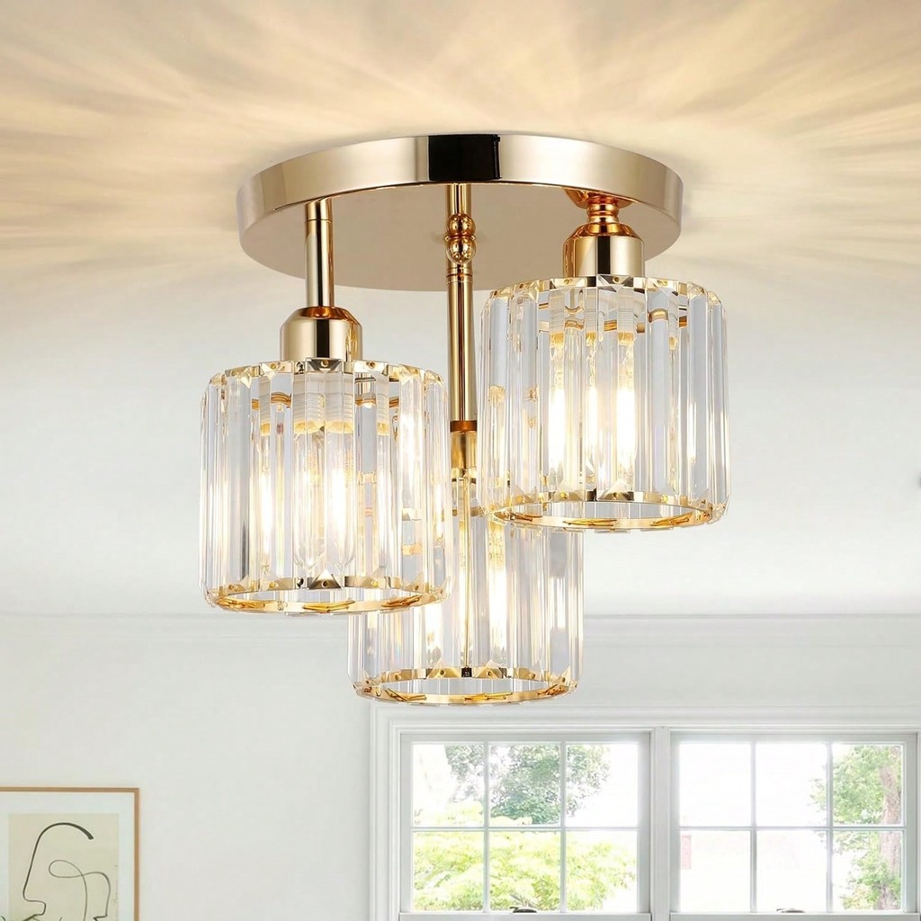 3-Light Ern Semi-Flush Mount Ceiling Light, Gold Crystal Close To Ceiling Lighting Fixture For