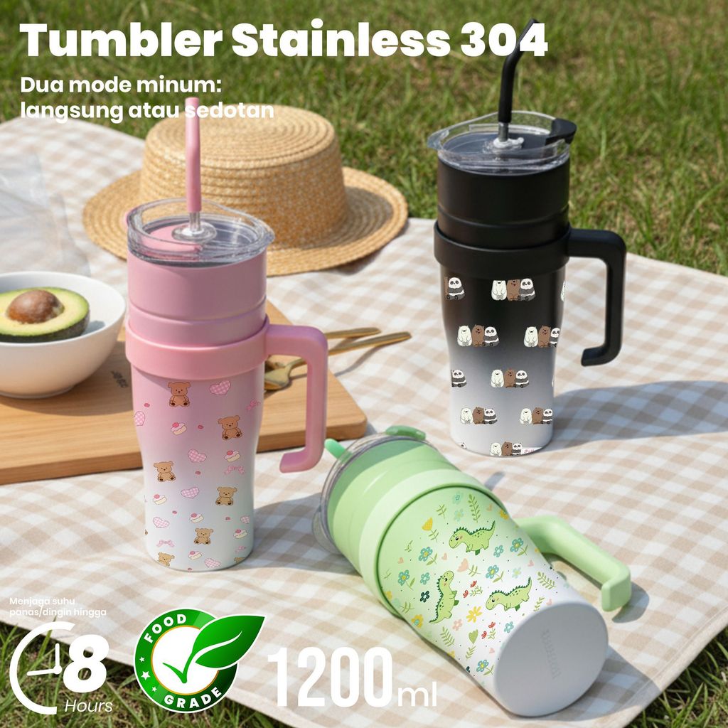 Tumbler Stainless 304 Botol Minum Aesthetic 1200ml, Gelas Es Berdesain Lucu dengan Motif Hewan dan A