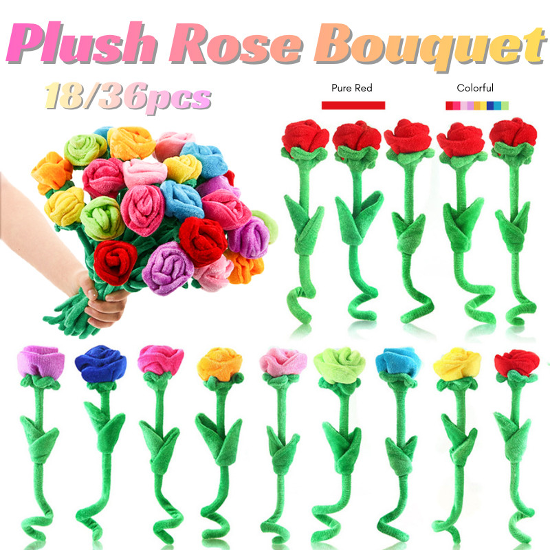 18/36PCS Bendy Plush Rose Flower Fabric Flower Bouquets Toys for Valentine's Day Wedding Class