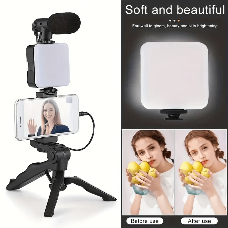 Tripod Phone Holder Smartphone Vlogging Kit Mini Microphone Led Fill Light For Meeting Live