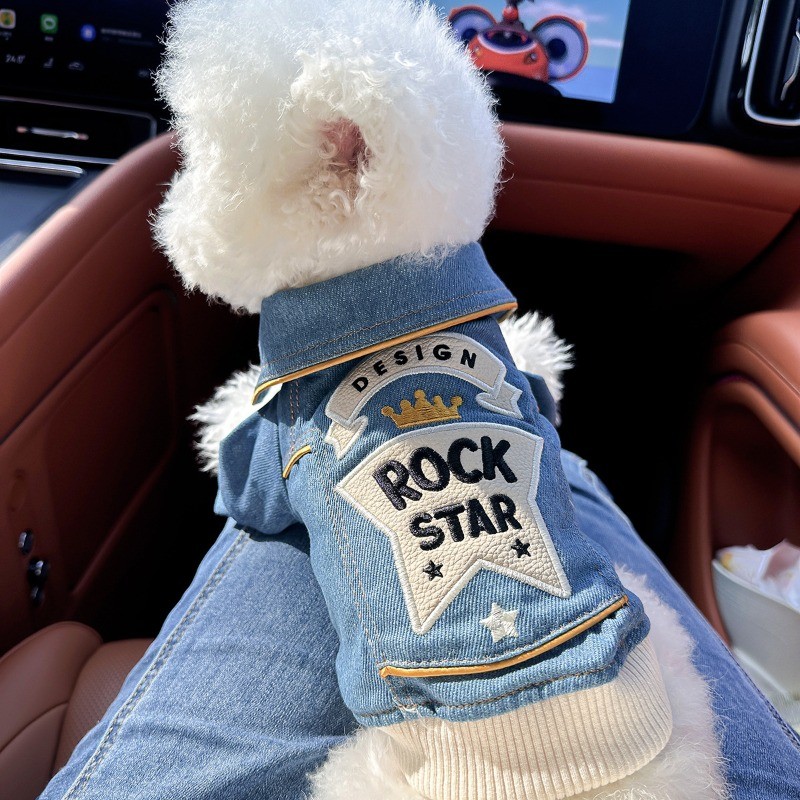 Winter Fashion Pet Jackets Rock Embroidery Blue Jacket Pet Clothes Dog Cat Spring Handsome Out