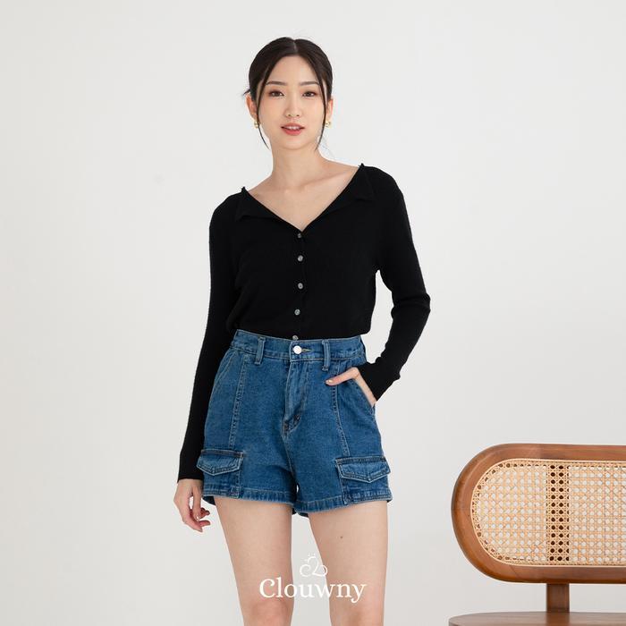 Clouwny Plush Pocket Short Denim Celana Jeans Pendek Wanita Korean Look Cewek Hitam