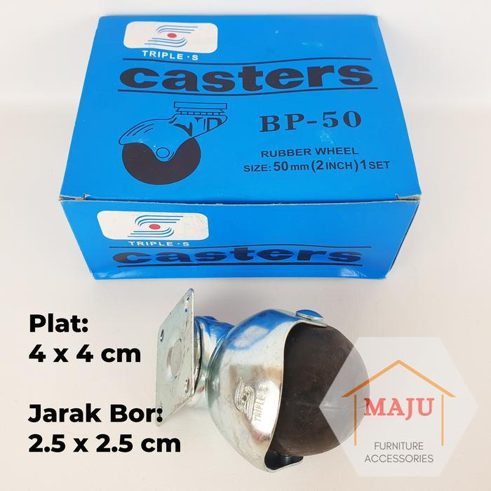 Roda Bulat 2" Inci Karet Hidup Hitam Triple-S Casters BP-50 5 cm (Bundar Meja, Kursi, Etalase)