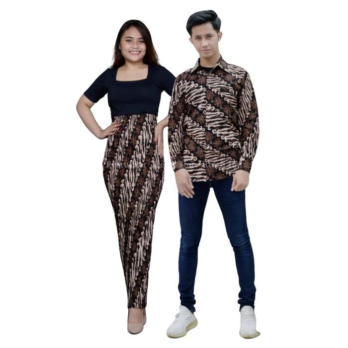 Discount - Couple Batik Keluarga Motif Lereng Coklat - Kemeja Dewasa Semi Sutra dan Rok Plisket
