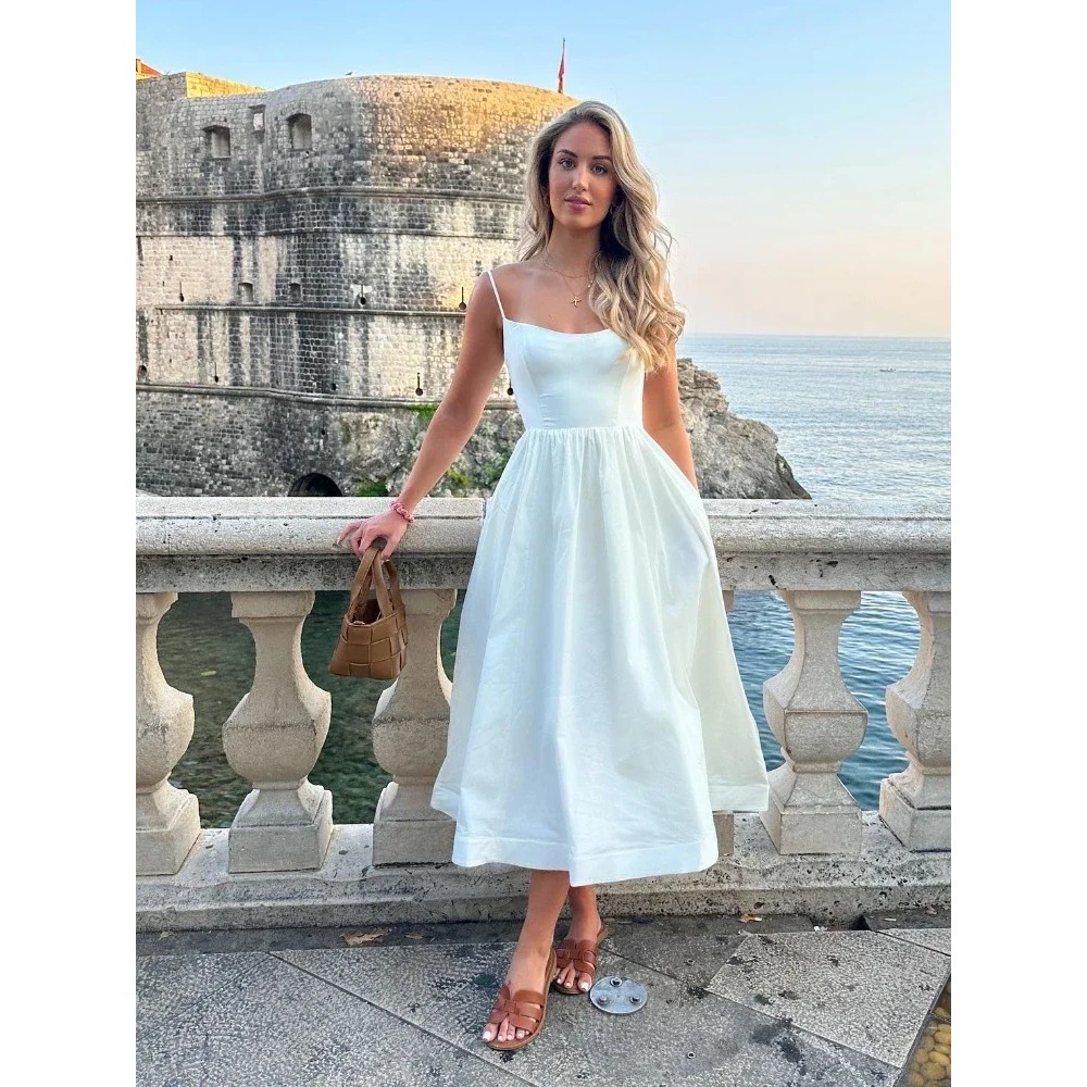 2025 Women's Dresses Pink Elegant and Pretty Midi White Vacation Dress Spaghetti Strap Beach Dress A