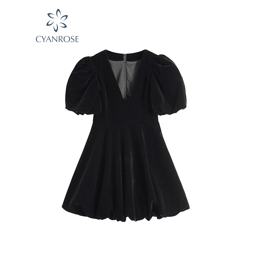 Vintage French Crop Dress Women 50s 60s Audrey Hepburn Flannel V Neck Dresses Puff Short Sleeve Sexy