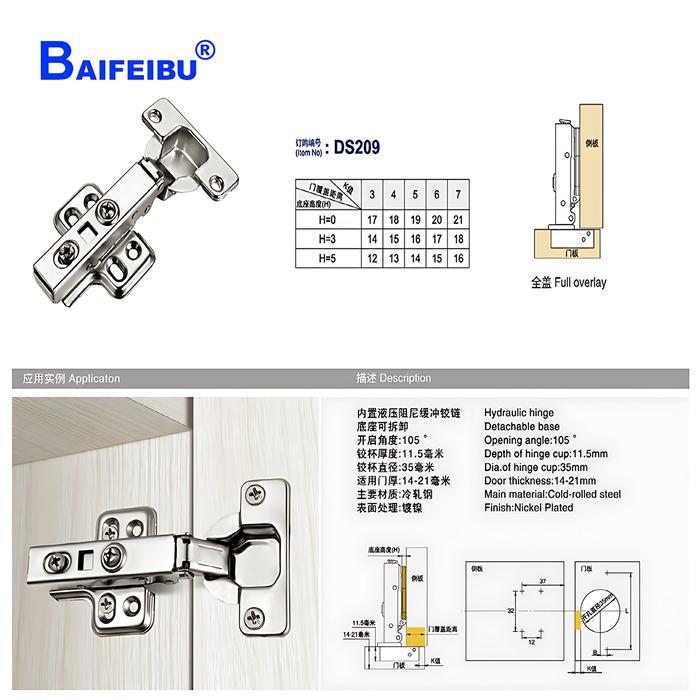 bkuf- Baifeibu Ds209 Stainless Engsel Sendok Full Overlay Hidrolik 304