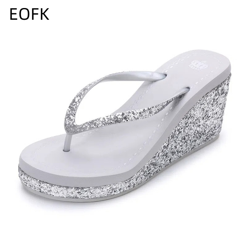 EOFK Rhinestone Sandals Beach Flip Flops Summer Wedge Diamante Shoes Slip On Slides Thong Slippers