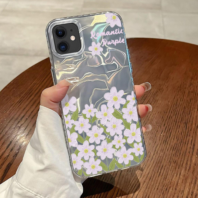 Casing Hp Untuk iPhone 11 Pro Max 12 Pro Max 13 14 15 Case Bunga ungu Gaya lukisan minyak Laser Kesi
