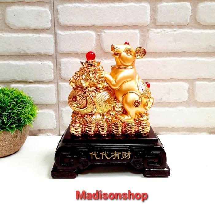 Patung Tikus Emas S Tatakan Kayu Kado Pajangan Hoki Shio Tikus Murah