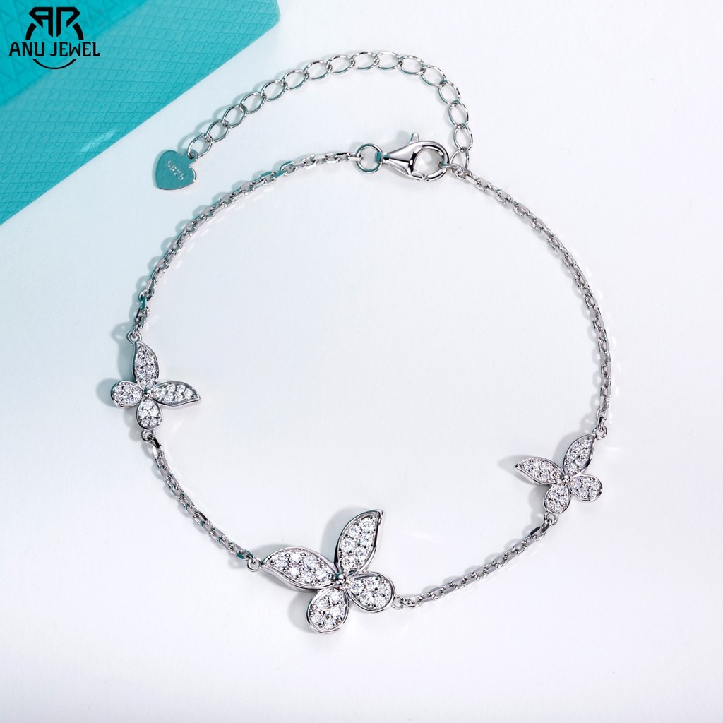 AnuJewel Moissanite Butterfly Bracelet 925 Sterling Silver 18K Gold Plated 18+5cm Adjustable