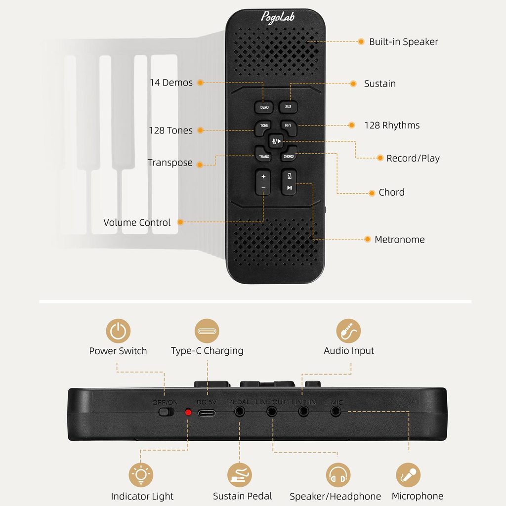Pogolab 88 Keys Hand Roll Piano Portable Foldable Keyboard Hand Roll Electric Piano Key Hand Rolled
