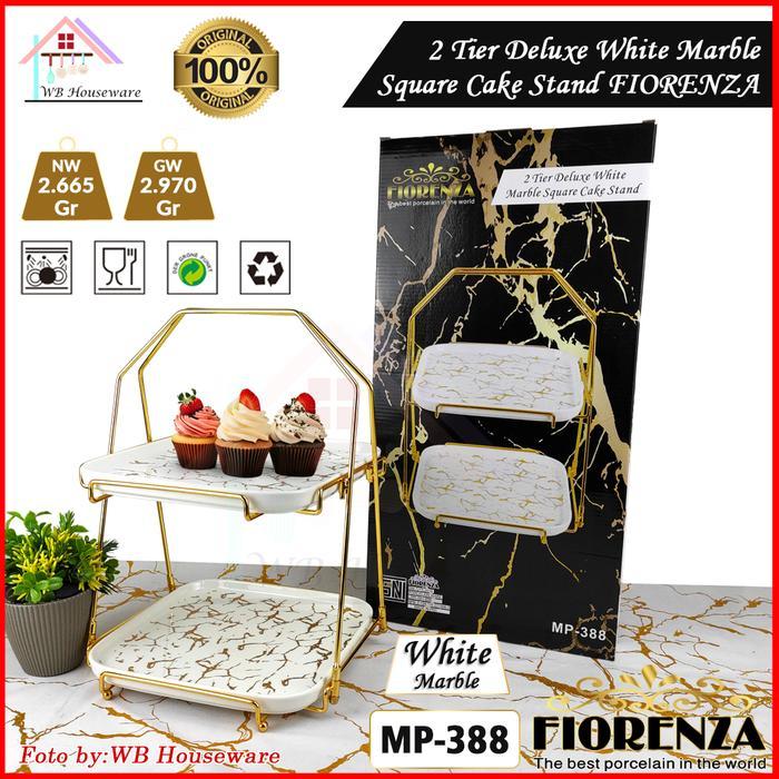 FIORENZA Tempat kue buah keramik rak susun tingkat 2susun motif white marble / square cake stand /