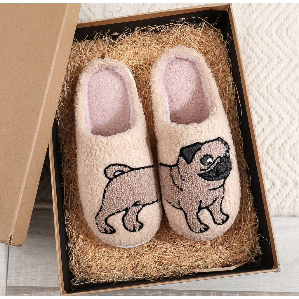 Pet Pattern Pug Pug Pug Embroidered Plush Home Thick-Soled Comfortable Woolen Cotton Slippers Cute