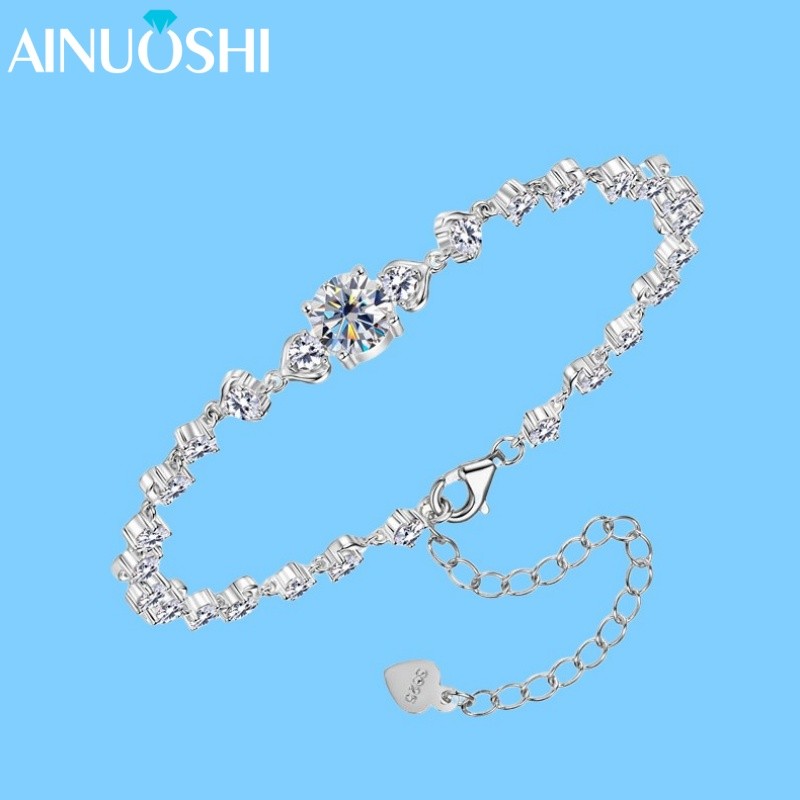 AINUOSHI Women's Bracelet 925 Real Silver 6.5mm(1.0ct)&2.8mm Moissanite Pod Design Hand Chains for