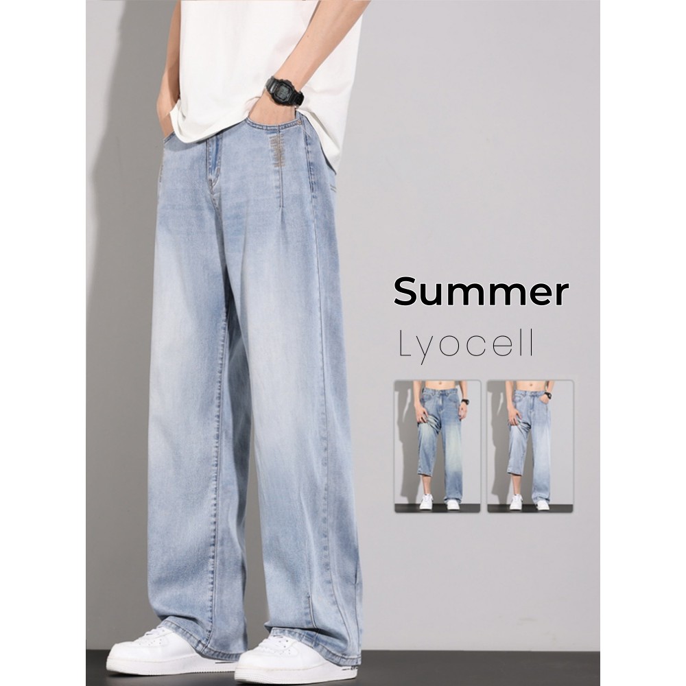 Korean Fashion Loose Jeans Men's Thin Lyocell Embroidered Streetwear Pants Straight Soft Brand Male