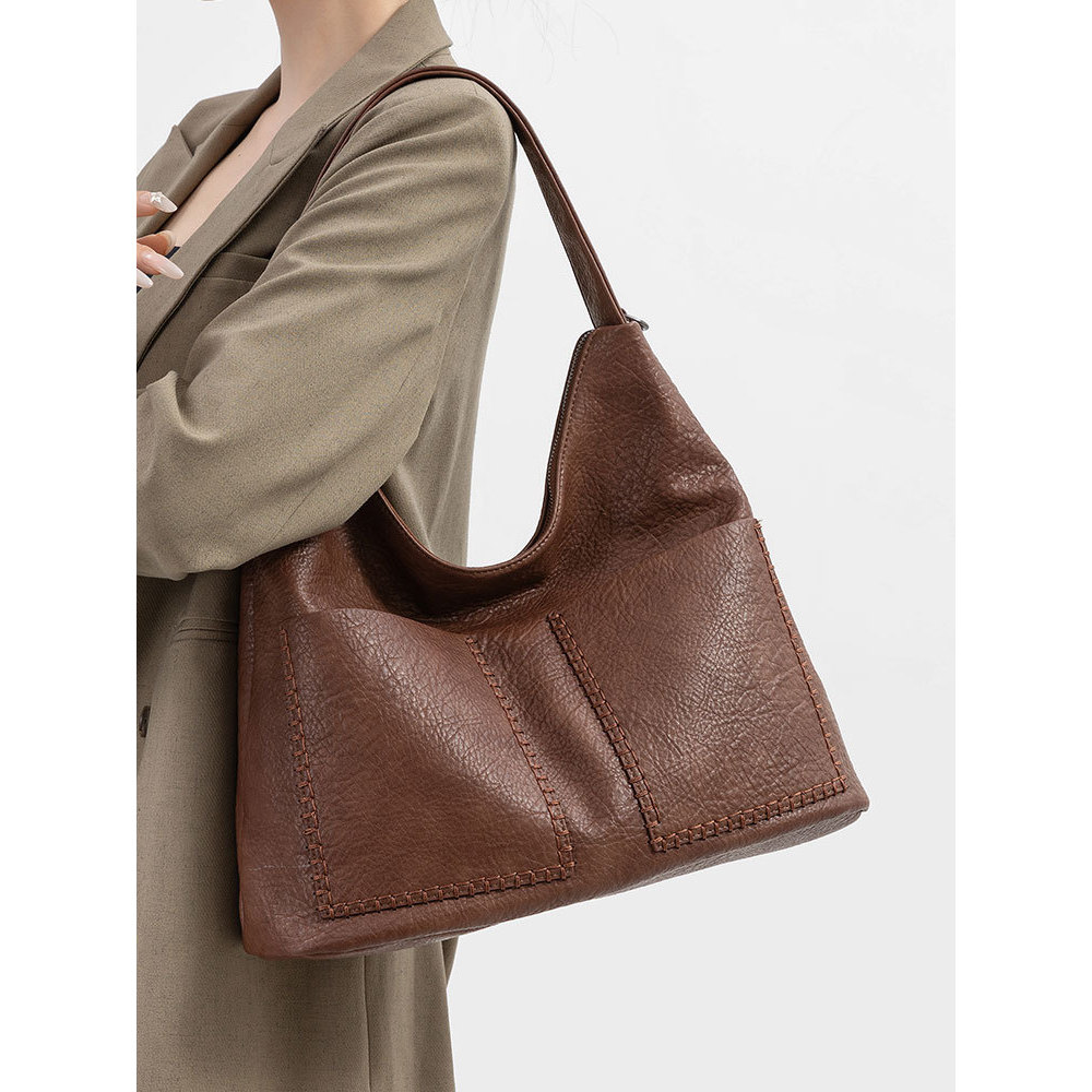 Tas Tote Wanita 2025 - Tas Selempang Santai Minimalis, Kapasitas Besar, Bahan PU Lembut, Warna Hitam