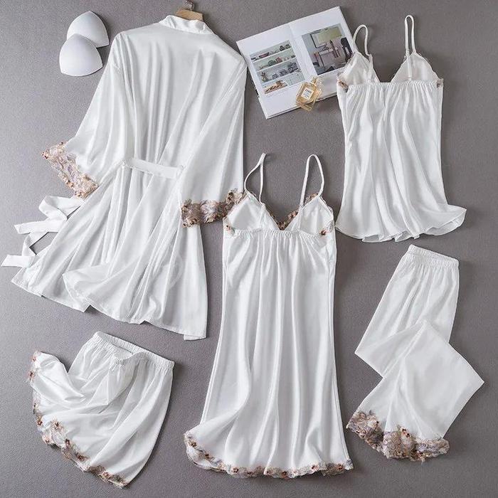 Santaibju- Piyama Set Baju Tidur Wanita Bs-7799 Kimono 5 In1 Sexy Baju Rumah Sleepwear Satin Premium