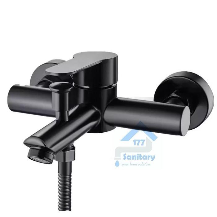 Paket Kran Bathtub Panas Dingin Stainless 304 & Tiang Shower Hitam Set