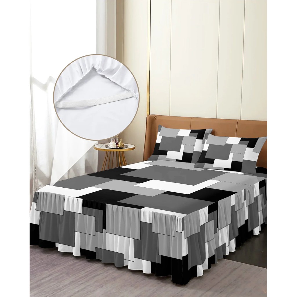 Black Grey Patchwork Abstract Art Bed Skirt Elastic Fitted Bedspread With Pillowcases Mattress Cover